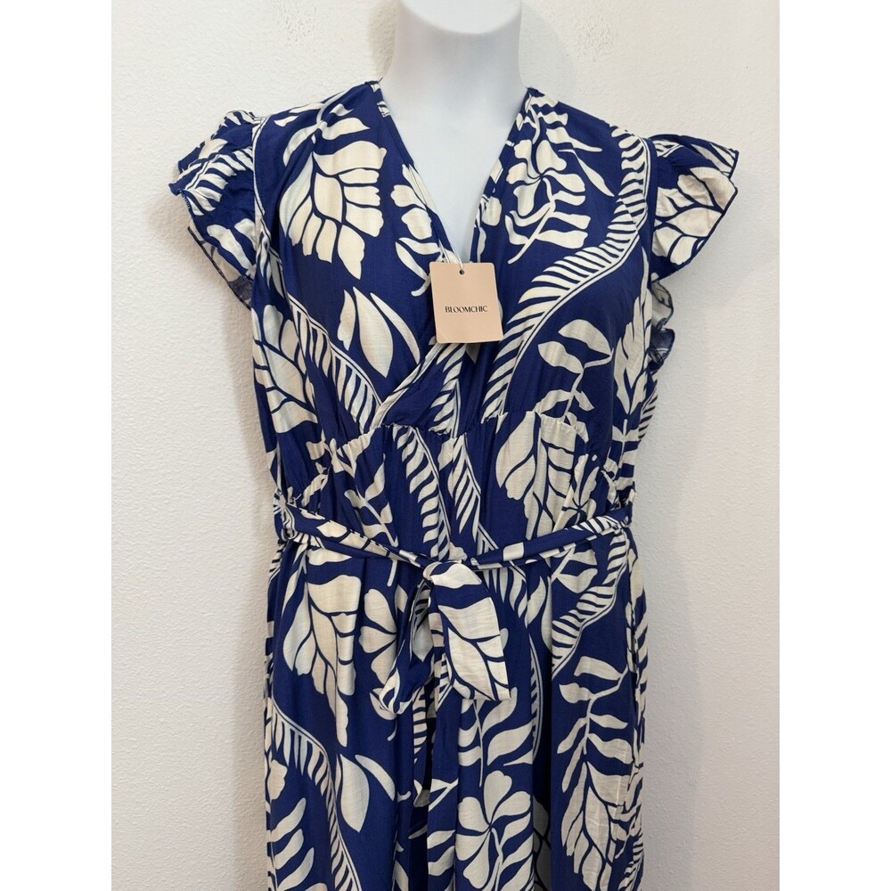Bloomchic Jumpsuit Floral Blue White Hawaiian Wide Leg Size 18 New Ruffle Trim - Picture 2 of 8